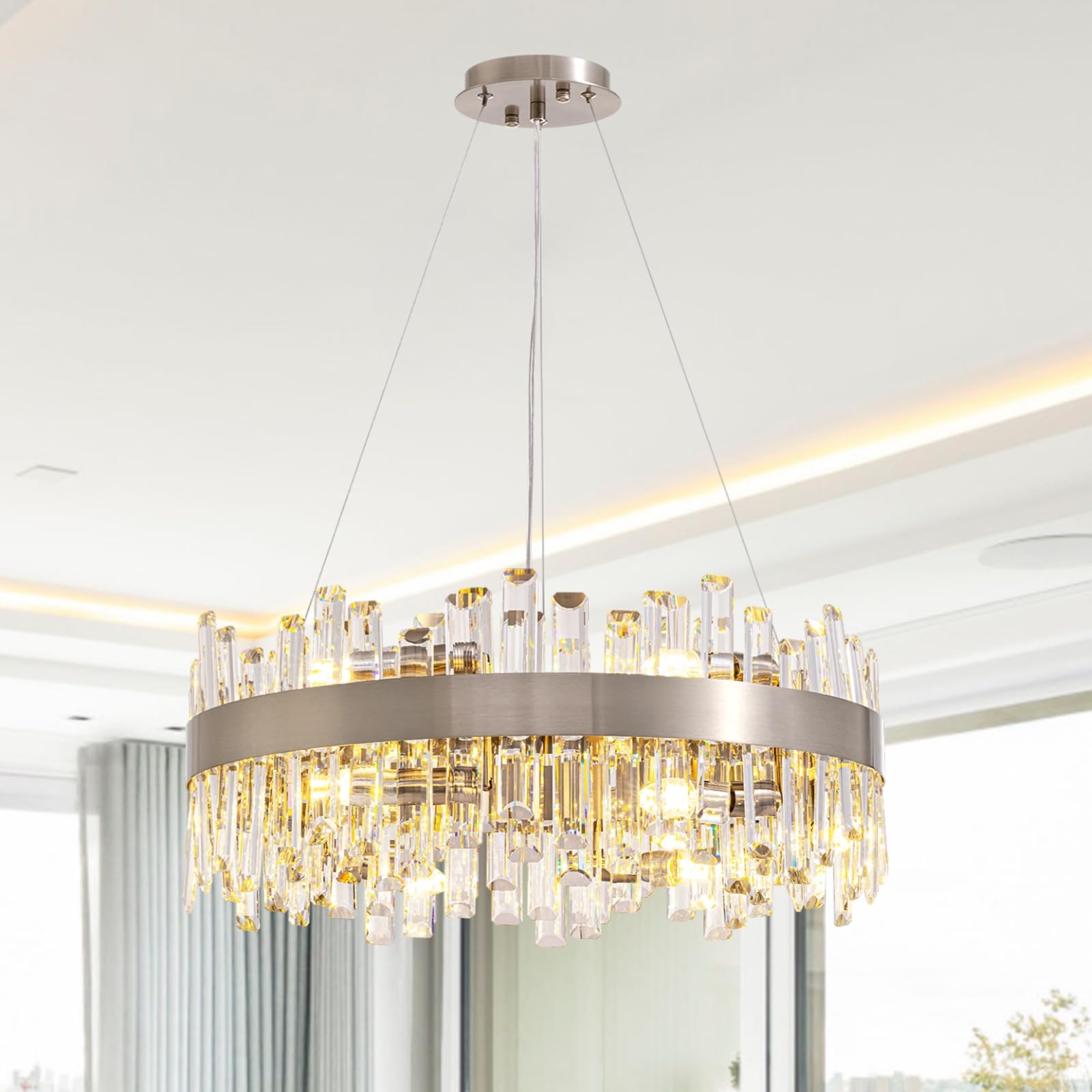 Siljoy 12-Light Modern Crystal Chandelier Round Brushed